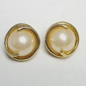 Vintage Richelieu Faux Pearl and Gold Tone Stud Earrings, Signed Estate